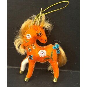 VTG Hand Sewn Embroidered Orange Unicorn Ornament W Gold Accents Long Tail Rare